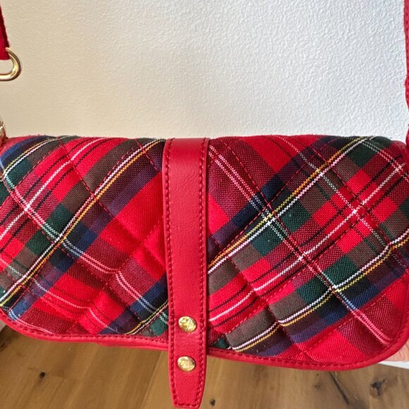 Talbots Red Tartan Plaid Wool Crossbody Bag Leather Flap Holiday Classic - Picture 3 of 15